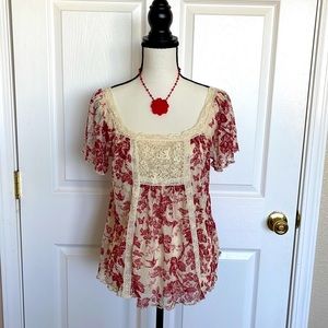 Denim & Supply Flirty Sheer Red Leaf Top. Size Medium.
